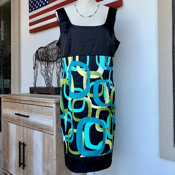 Dress Barn Geometric Turquoise Black Blue Green Dress 16 - Picture 1 of 8
